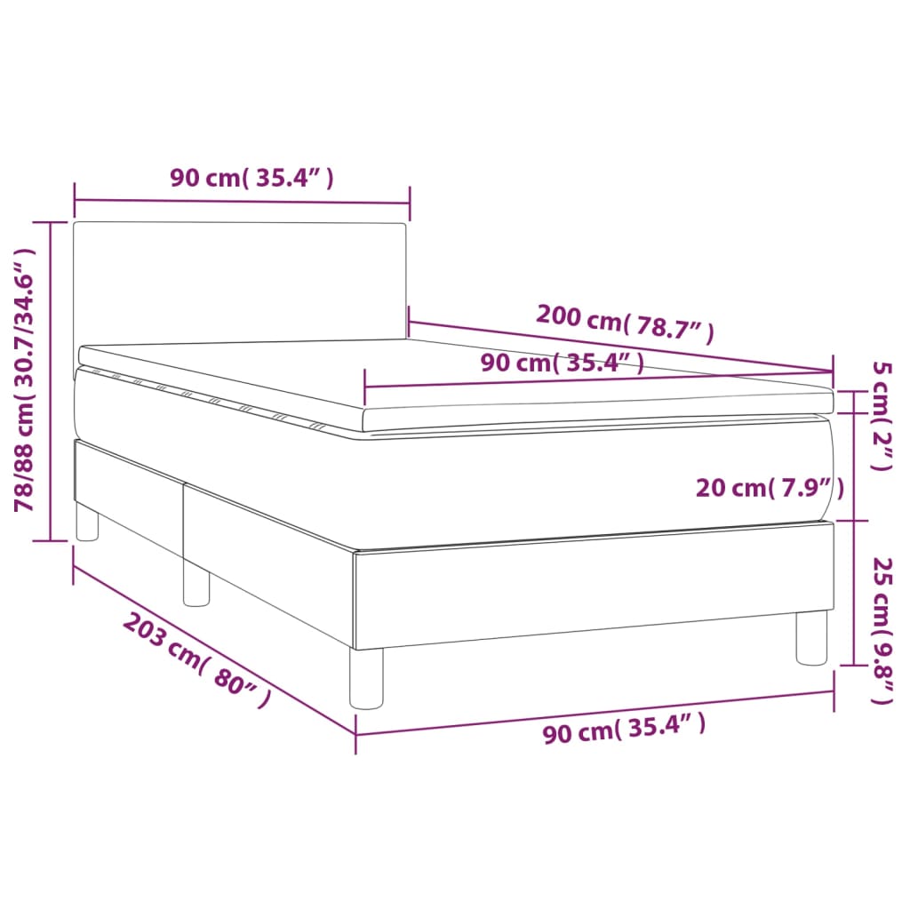 vidaXL Boxspringbett mit Matratze & LED Schwarz 90x200 cm Stoff