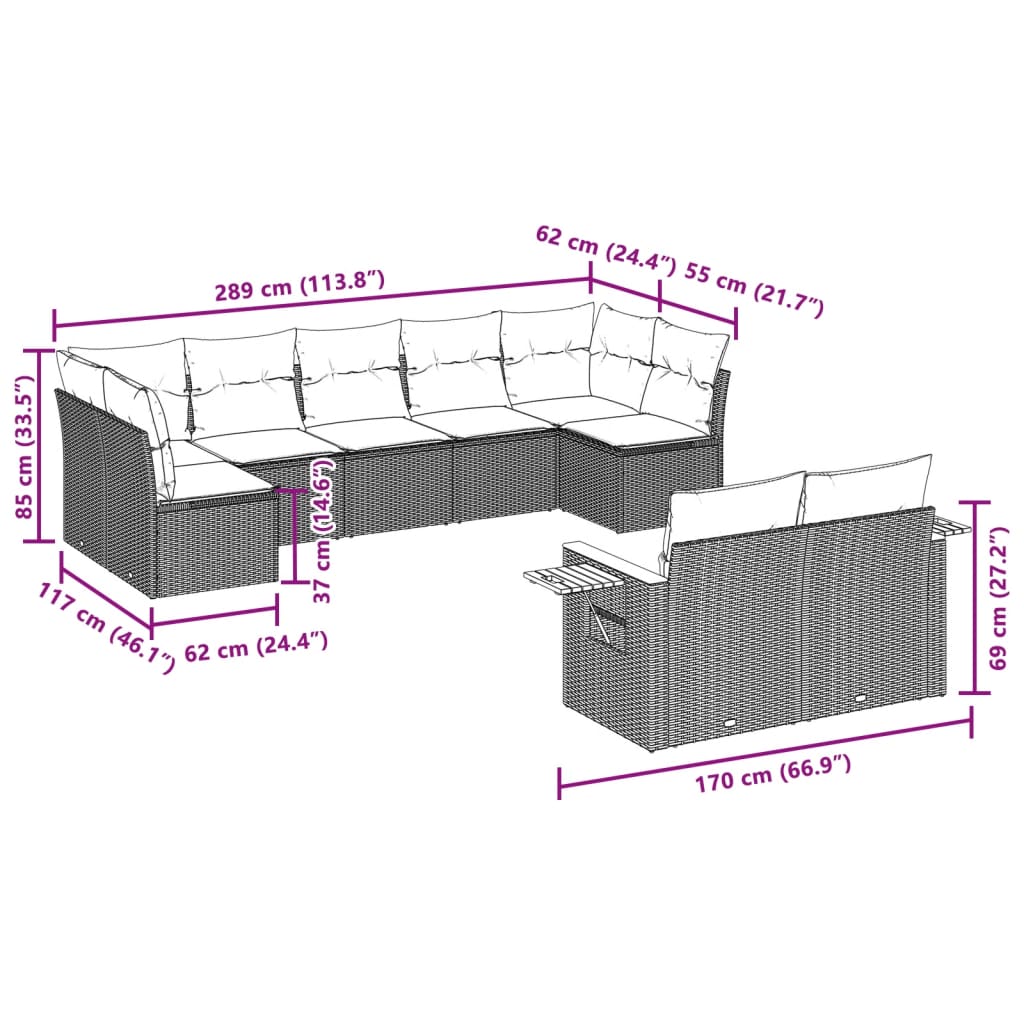 vidaXL 9-tlg. Garten-Sofagarnitur mit Kissen Schwarz Poly Rattan