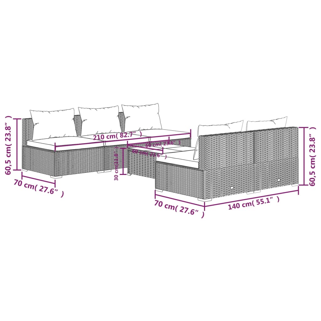 vidaXL 6-tlg. Garten-Lounge-Set mit Auflagen Poly Rattan Braun