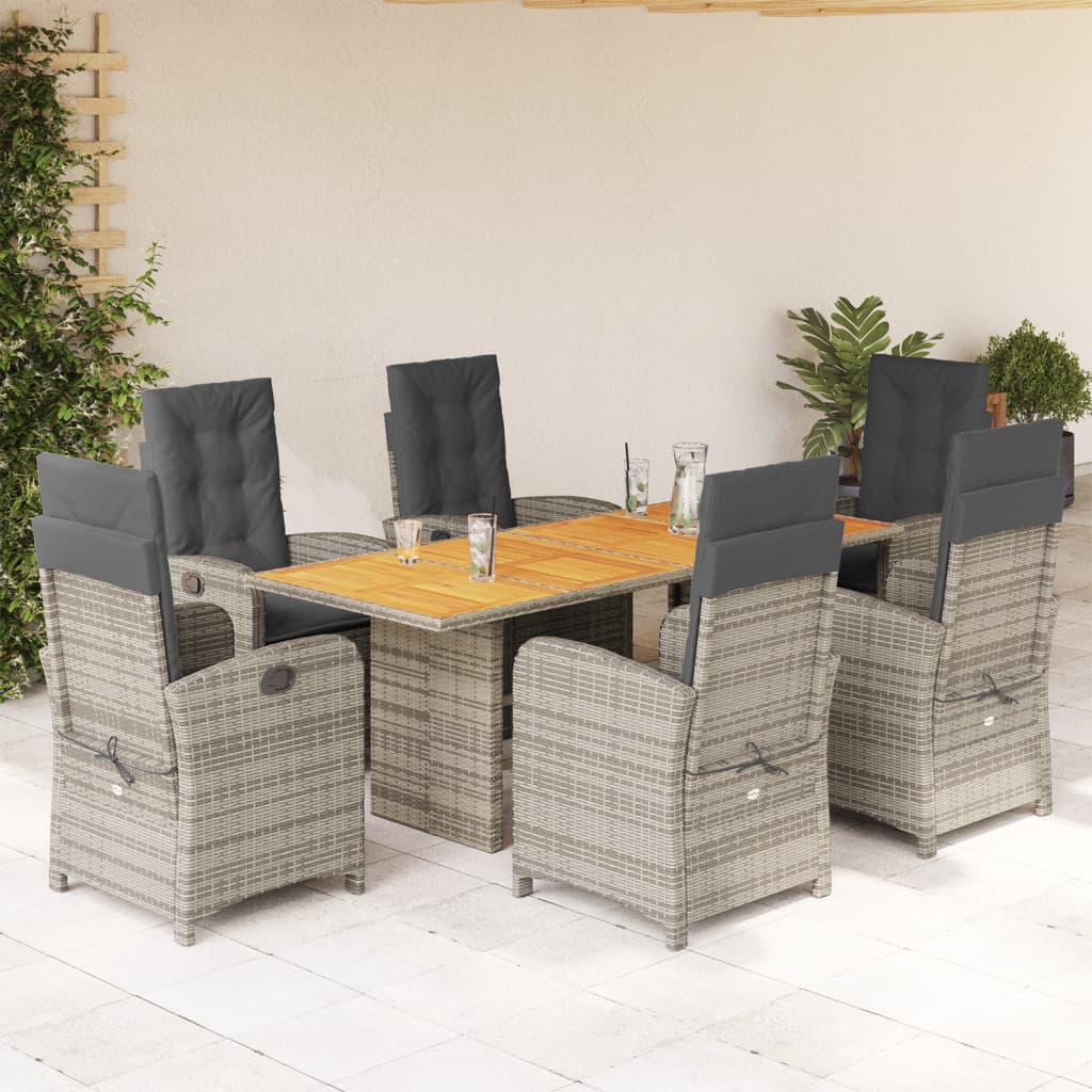 vidaXL 7-tlg. Garten-Essgruppe mit Kissen Grau Poly Rattan