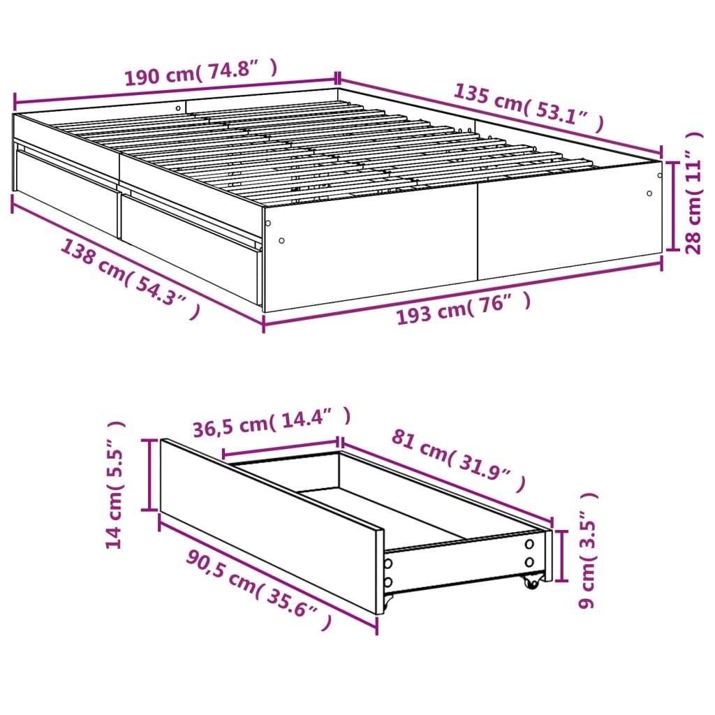 vidaXL Bettgestell mit Schubladen Schwarz 135x190 cm Holzwerkstoff