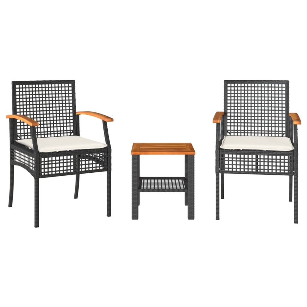 vidaXL 3-tlg. Bistro-Set mit Kissen Schwarz Poly Rattan Akazienholz