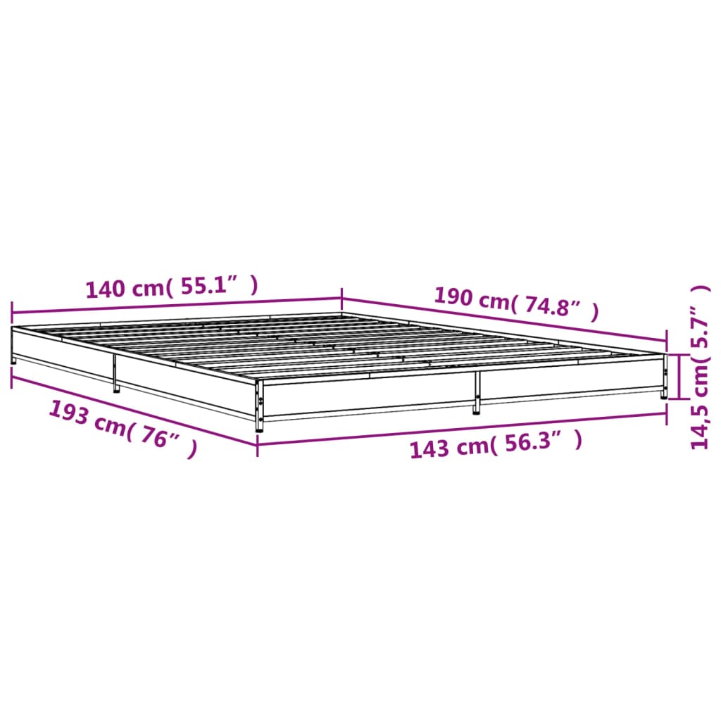 vidaXL Bettgestell Räuchereiche 140x190 cm Holzwerkstoff und Metall