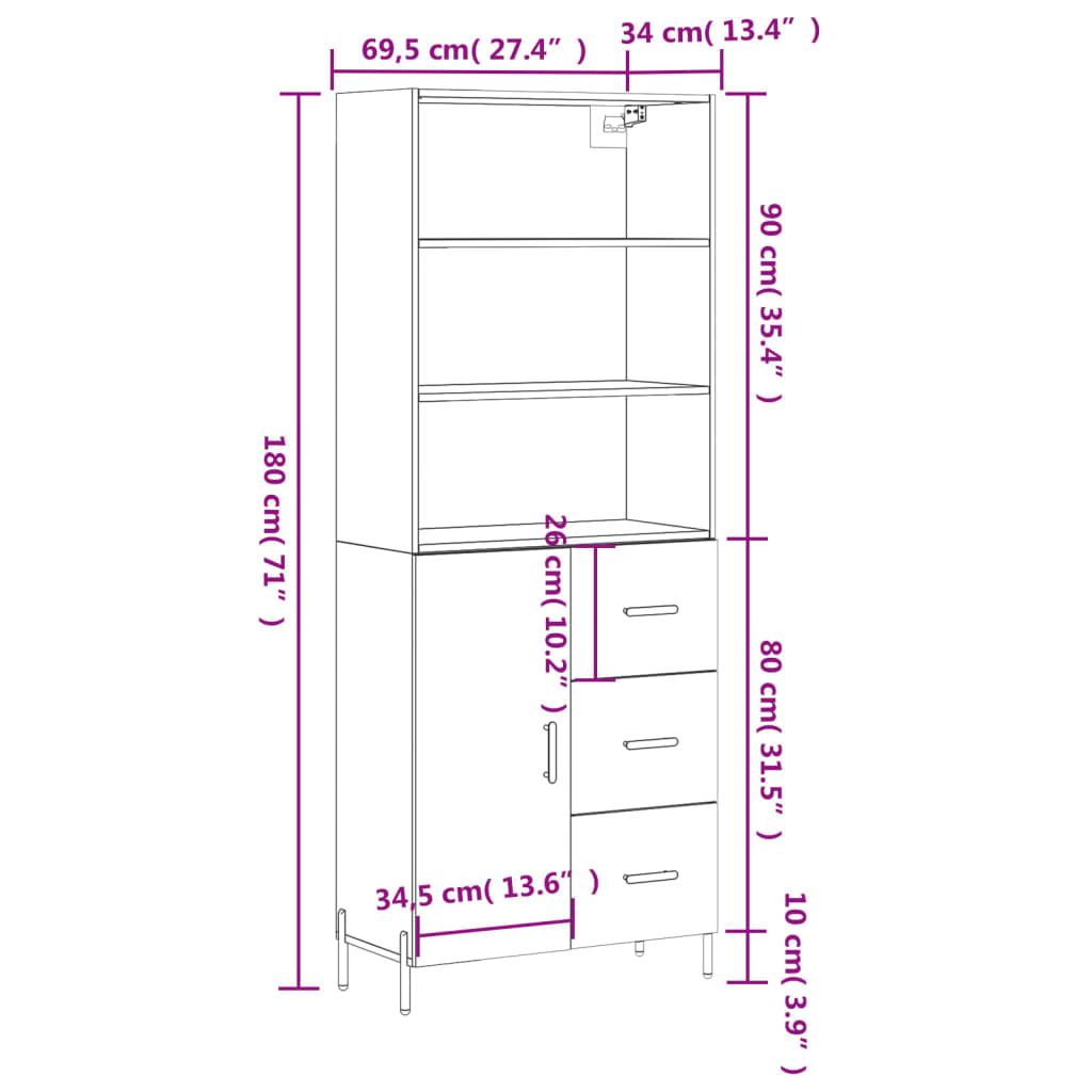 vidaXL Highboard Weiß 69,5x34x180 cm Holzwerkstoff