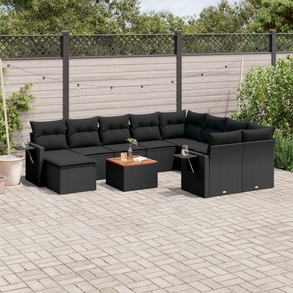 vidaXL 11-tlg. Garten-Sofagarnitur mit Kissen Schwarz Poly Rattan