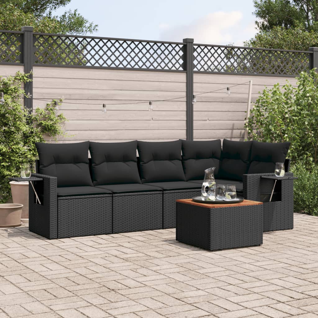 vidaXL 6-tlg. Garten-Sofagarnitur mit Kissen Schwarz Poly Rattan